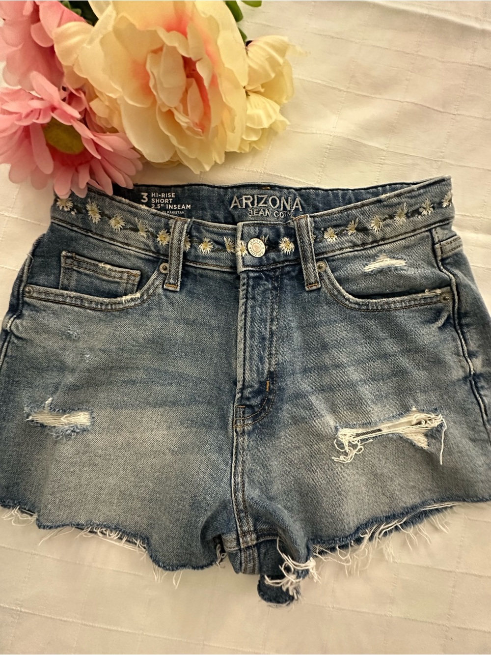Arizona Jean Company Distressed Light Blue Denim Shorts with Embroidered Waist